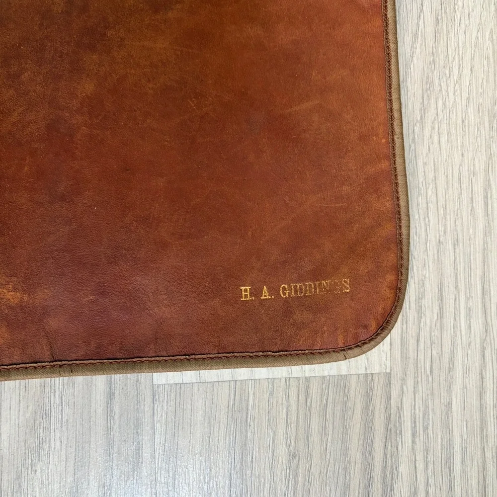 Vintage Brown Leather Sewing/Tie Case Green Canvas Organizer H.A. Giddings